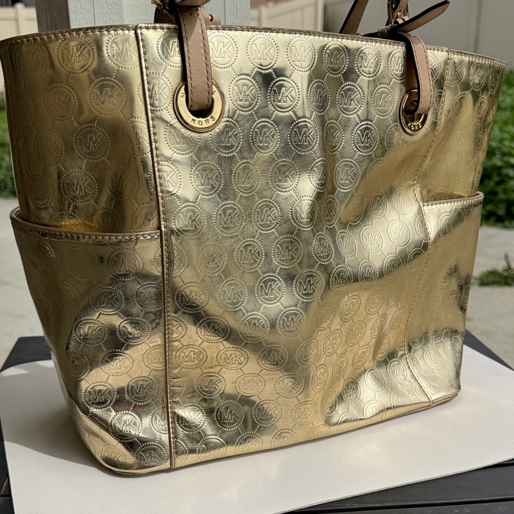 Michael Kors Gold Metallic Embossed MK Tote with Tan Handles